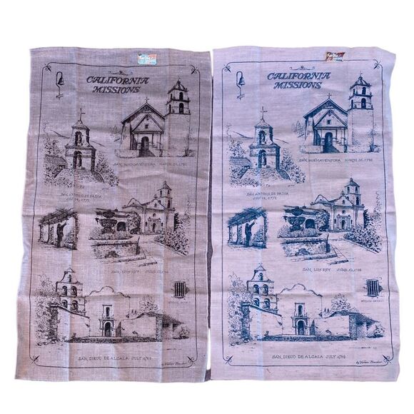 2 Vtg Kay Dee HandPrints California Missions 100% Pure Linen Kitchen Tea Towels - Picture 1 of 16